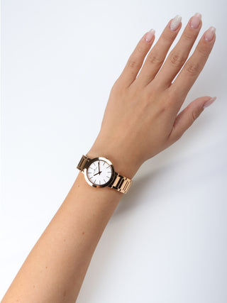 Angle shot of Jacques Lemans 1-1842C White Dial Rose Gold Stainless Steel Womens Watch on white background