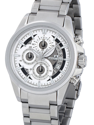 Front view of Jacques Lemans Chronograph 1-1847F White Dial Silver Stainless Steel Unisex Watch on white background