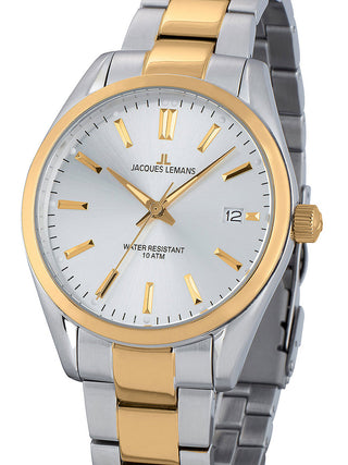 Front view of Jacques Lemans 1-1859J Silver Dial Gold Stainless Steel Unisex Watch on white background