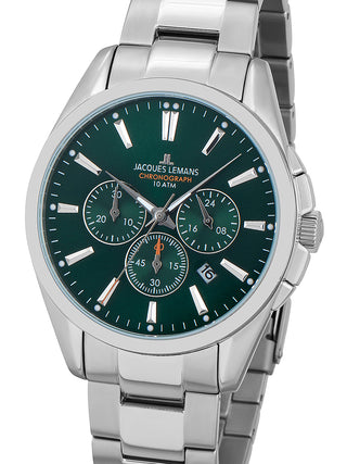 Front view of Jacques Lemans Chronograph 1-1945F Green Dial Silver Stainless Steel Unisex Watch on white background