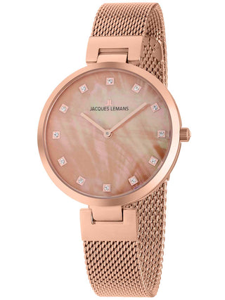 Angle shot of Jacques Lemans 1-2001H Mother Of Pearl Dial Rose Gold Stainless Steel Womens Watch on white background