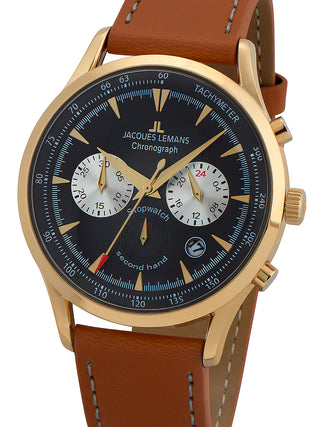 Front view of Jacques Lemans Chronograph 1-2068J Black Dial Brown Leather Unisex Watch on white background