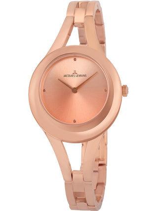 Angle shot of Jacques Lemans 1-2071D Rose Gold Stainless Steel Womens Watch on white background