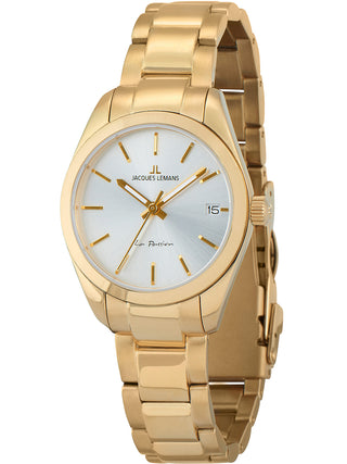 Angle shot of Jacques Lemans 1-2084H Silver Dial Gold Leather Womens Watch on white background