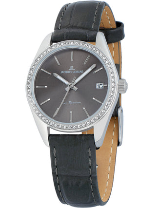 Angle shot of Jacques Lemans 1-2085A Grey Leather Womens Watch on white background