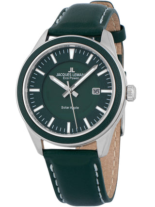 Angle shot of Jacques Lemans 1-2116B Green Leather Unisex Watch on white background