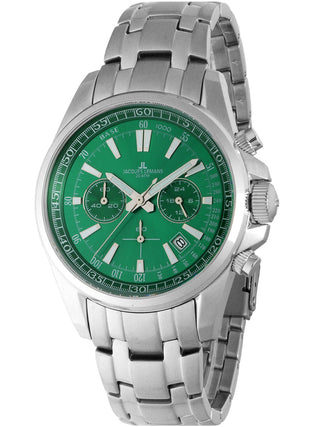 Angle shot of Jacques Lemans Chronograph 1-2117L Green Dial Silver Stainless Steel Unisex Watch on white background