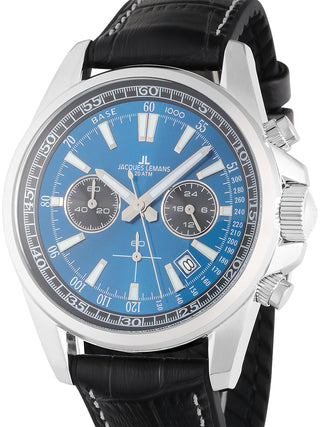 Front view of Jacques Lemans Chronograph 1-2117S Blue Dial Black Leather Unisex Watch on white background