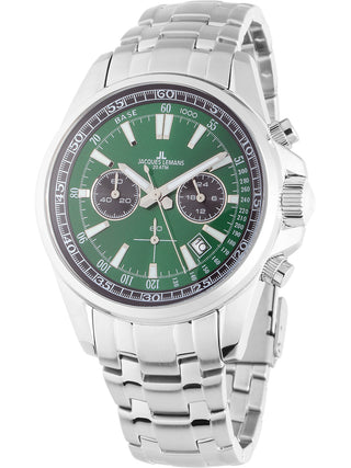 Angle shot of Jacques Lemans Chronograph 1-2117ZD Green Dial Silver Leather Unisex Watch on white background