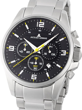 Front view of Jacques Lemans Chronograph 1-2118D Black Dial Silver Stainless Steel Unisex Watch on white background