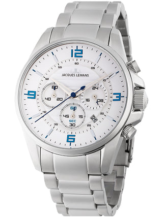 Angle shot of Jacques Lemans Chronograph 1-2118E White Dial Silver Stainless Steel Unisex Watch on white background