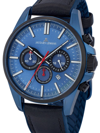 Front view of Jacques Lemans Chronograph 1-2119C Blue Dial Black Leather Unisex Watch on white background