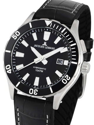 Front view of Jacques Lemans 1-2131A Black Leather Unisex Watch on white background