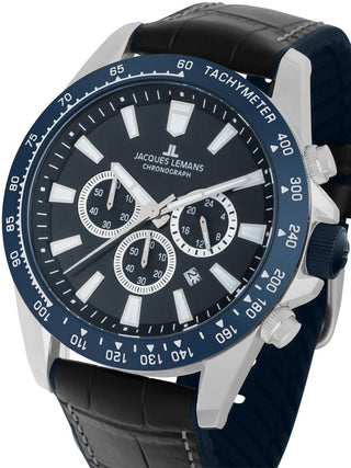 Front view of Jacques Lemans Chronograph 1-2140B Blue Dial Black Leather Unisex Watch on white background