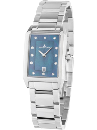 Angle shot of Jacques Lemans 1-2158L Blue Dial Silver Stainless Steel Womens Watch on white background