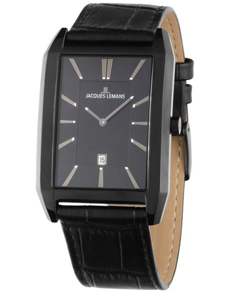 Angle shot of Jacques Lemans 1-2160F Black Leather Unisex Watch on white background