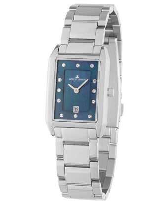 Angle shot of Jacques Lemans 1-2189J Blue Dial Silver Stainless Steel Womens Watch on white background