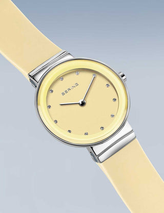 Angle shot of Bering 10129-600 Yellow Silicone Womens Watch on white background