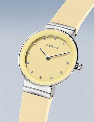 Angle shot of Bering 10129-600 Yellow Silicone Womens Watch on white background