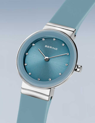 Angle shot of Bering 10129-708 Blue Silicone Womens Watch on white background