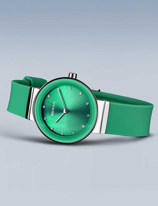 Angle shot of Bering 10129-808 Green Silicone Womens Watch on white background