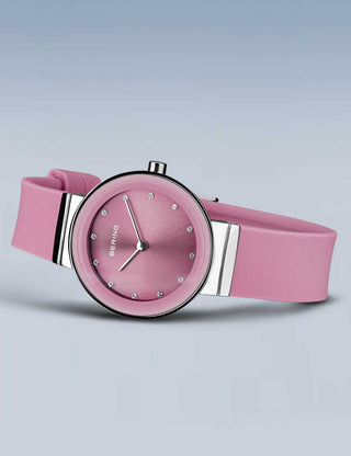 Angle shot of Bering 10129-909 Pink Silicone Womens Watch on white background