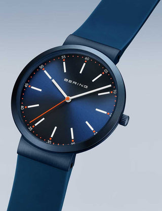 Angle shot of Bering 10141-397 Blue Silicone Unisex Watch on white background