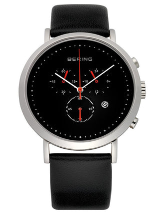 Front view of Bering Chronograph 10540-402 Black Leather Unisex Watch on white background