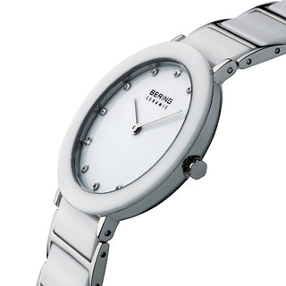 Angle shot of Bering 11435-754 White Dial Silver Strap Womens Watch on white background