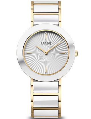 Front view of Bering 11435-758 White Dial Gold Stainless Steel Womens Watch on white background