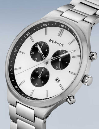 Angle shot of Bering Chronograph 11743-704 White Dial Silver Titanium Unisex Watch on white background