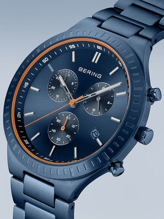 Angle shot of Bering Chronograph 11743-797 Blue Titanium Unisex Watch on white background