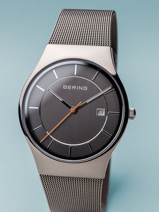 Angle shot of Bering Classic 11938-007 Grey Dial Silver Stainless Steel Unisex Watch on white background