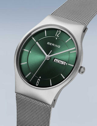 Angle shot of Bering 11938-008DD Green Dial Silver Stainless Steel Unisex Watch on white background