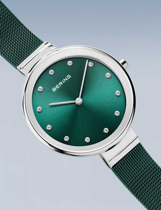 Angle shot of Bering 12034-808 Green Stainless Steel Womens Watch on white background