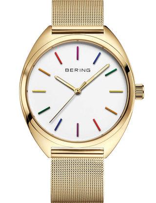 Angle shot of Bering 127220-40-334 Silver Dial Gold Stainless Steel Unisex Watch on white background