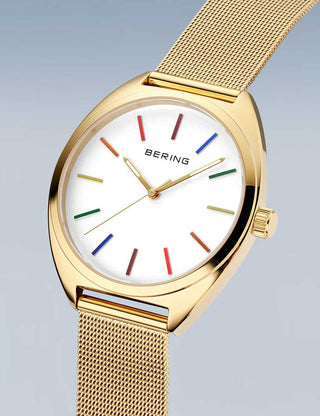 Angle shot of Bering 127220-40-334 Silver Dial Gold Stainless Steel Unisex Watch on white background