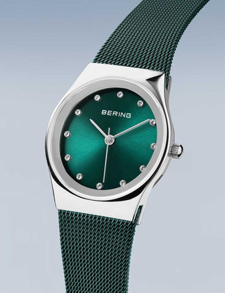 Angle shot of Bering 12927-808 Green Stainless Steel Womens Watch on white background