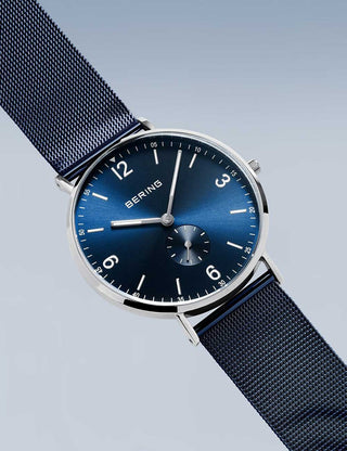 Angle shot of Bering 14040-307 Blue Stainless Steel Unisex Watch on white background