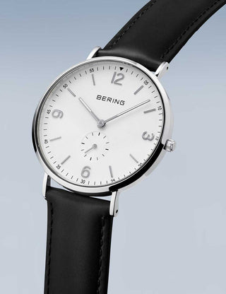 Angle shot of Bering 14040-404 White Dial Black Leather Unisex Watch on white background