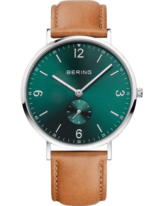 Front view of Bering 14040-508 Green Dial Brown Leather Unisex Watch on white background