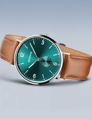 Angle shot of Bering 14040-508 Green Dial Brown Leather Unisex Watch on white background