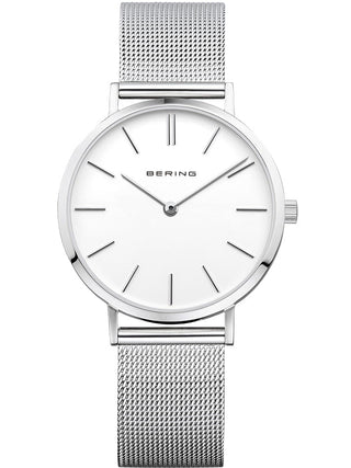 Front view of Bering 14134-004 White Dial Silver Stainless Steel Womens Watch on white background