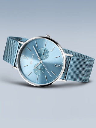 Angle shot of Bering 14240-809 Blue Stainless Steel Unisex Watch on white background