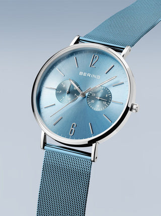 Angle shot of Bering 14240-809 Blue Stainless Steel Unisex Watch on white background