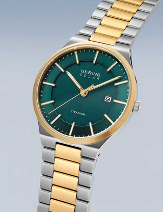 Angle shot of Bering 14439-718 Green Dial Gold Titanium Unisex Watch on white background