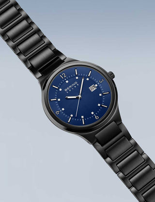 Angle shot of Bering 14442-727 Blue Dial Black Stainless Steel Unisex Watch on white background