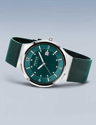 Angle shot of Bering 14442-808 Green Stainless Steel Unisex Watch on white background