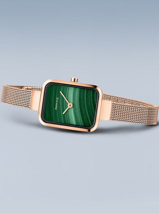 Angle shot of Bering 14520-368 Green Dial Rose Gold Stainless Steel Womens Watch on white background