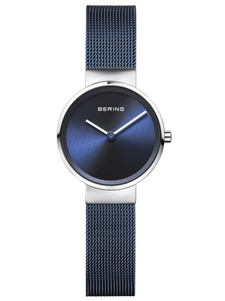 Angle shot of Bering 14526-307 Blue Stainless Steel Womens Watch on white background